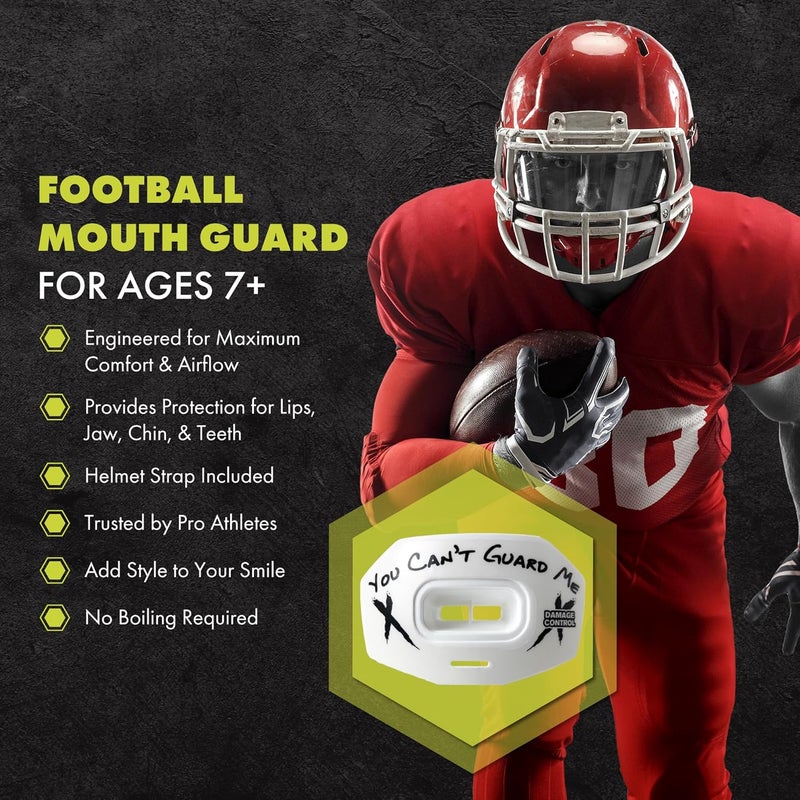 DAMAGE CONTROL Youth Football Mouth Guard – Breathable No Boil Mouthpiece, Protects Lips & Teeth, Works with Braces, Includes Helmet Strap – Sports Gear & Accessories (You Can't Guard Me) - Image 2